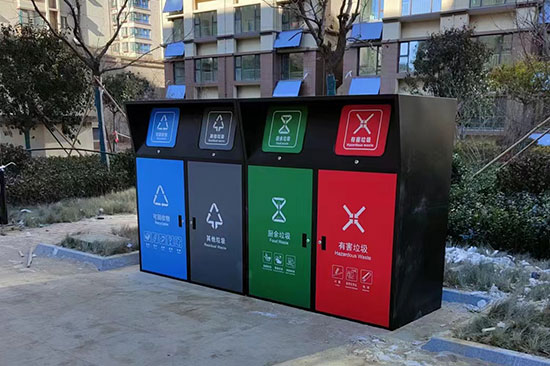 小區安裝四分類垃圾桶罩，垃圾分類亭